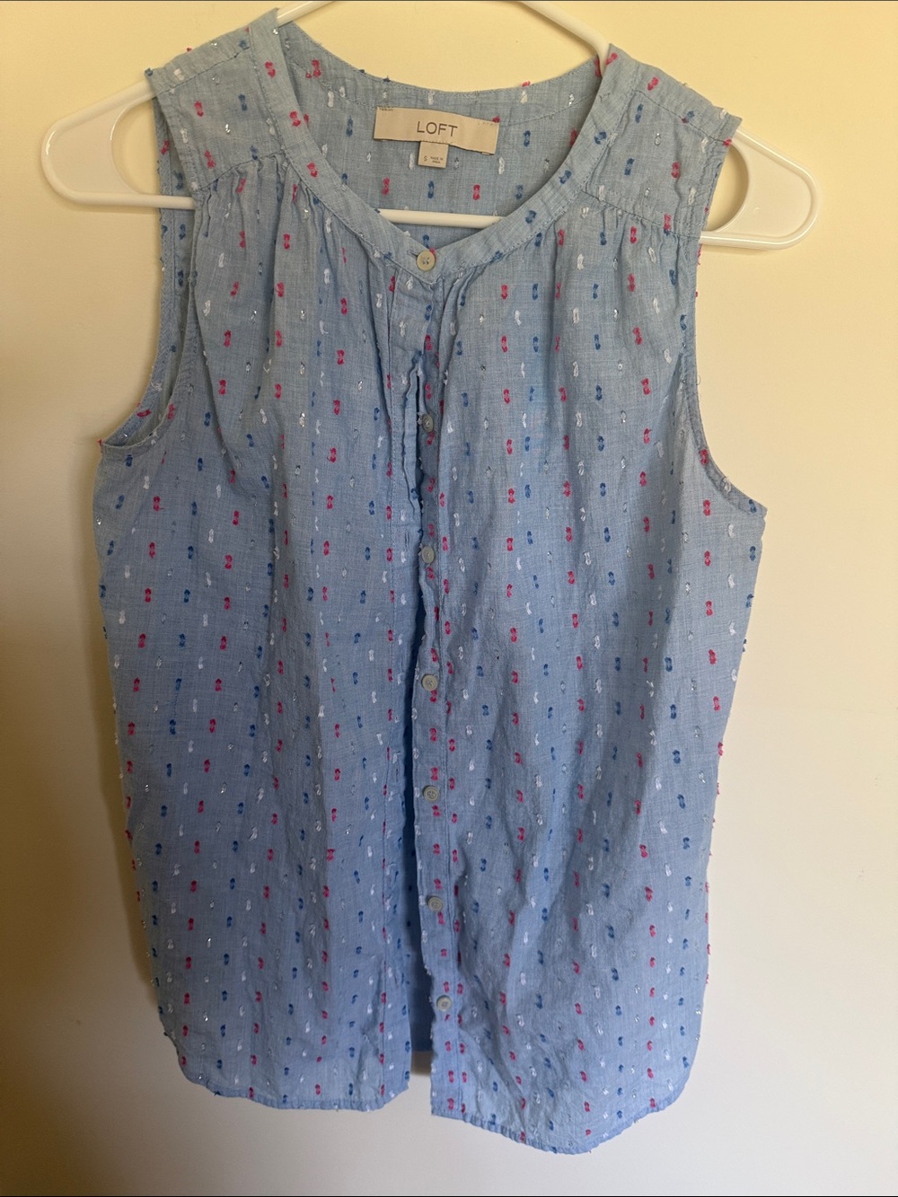 LOFT Light Blue Sleeveless Button-Front Top with Pink & Blue Dot Print